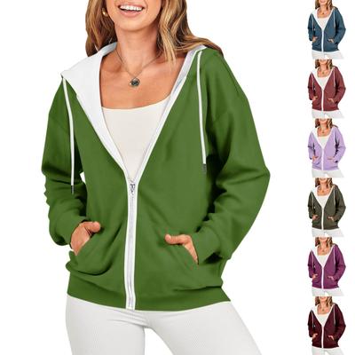 Women's Casual Fashion Solid Color Long Sleeve Pullover Hoodies Zipper Sweatshirts Coat