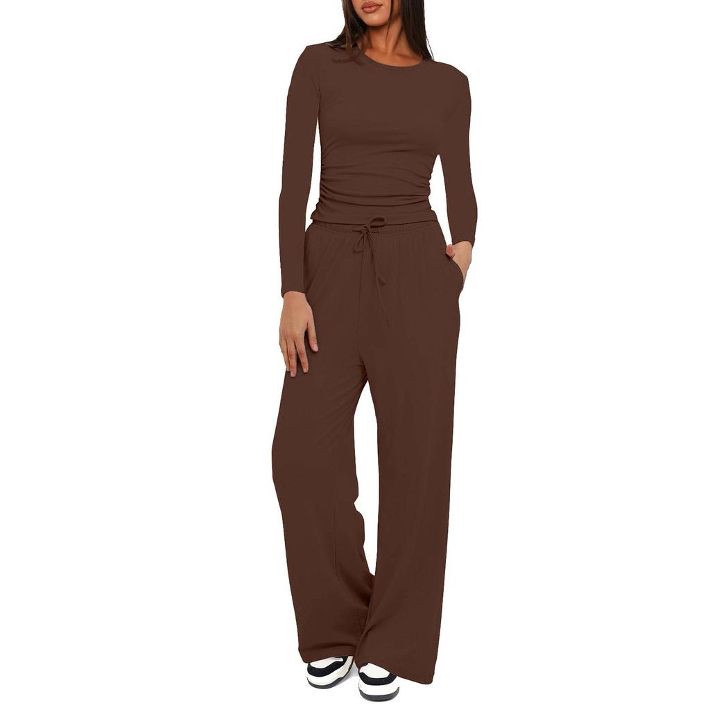 Zweiteilige Outfits für den Herbst für Damen, langärmelige Oberteile, T-Shirts, weite Hosen