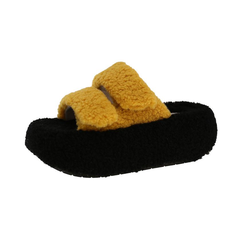 Thick-bottomed fluffy slippers for women's outer wear, one-word velvet to keep warm and increase height, autumn and winter 2025 new mink wool cotton