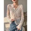 Women's Lace-Trimmed Long-Sleeve Shirt with Hollow-Out Collar - Elegant Spring/Autumn Top