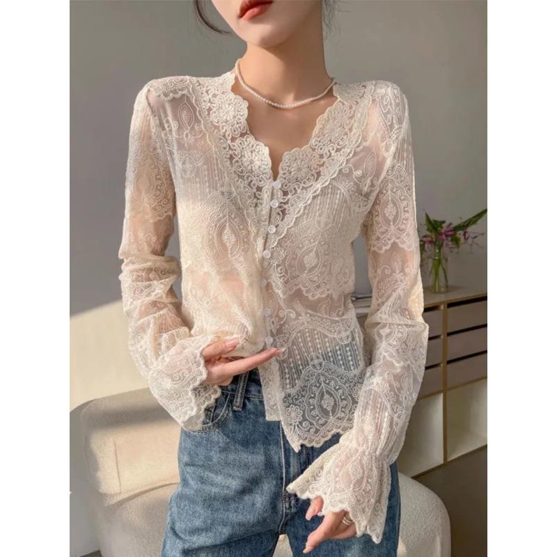 Women's Lace-Trimmed Long-Sleeve Shirt with Hollow-Out Collar - Elegant Spring/Autumn Top