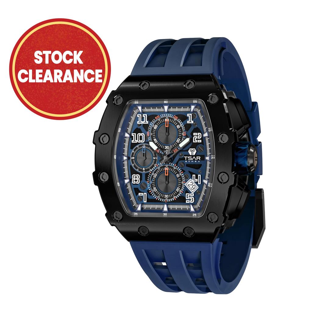 TSAR BOMBA Water Resistant To 5 Luxurious Tonneau Stainless Watch In Black and Blue Men's Wristwatch, ATM, Shape, Steel, Business, Sports, Luxury,