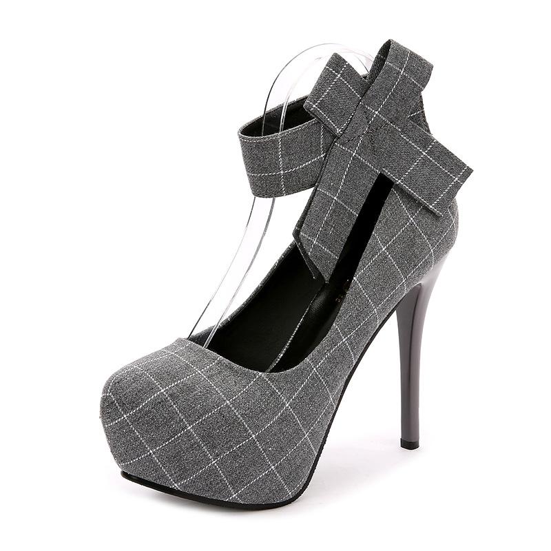 

Осенние водонепроницаемые туфли с круглым носком на высоком стилете для женщин, квадратный клетчатый бант 39