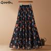 Qooth Chiffon-Midirock mit Blumenmuster, hoher Bund, A-Linien-Rock, femininer Stil für Frühling Sommer QT2605