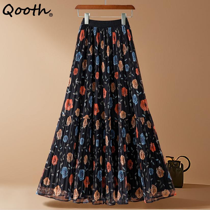 Qooth Chiffon-Midirock mit Blumenmuster, hoher Bund, A-Linien-Rock, femininer Stil für Frühling Sommer QT2605