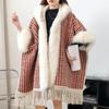 Cloak Shawl Wool Jacket Women'S Winter Hooded Medium Long Fleece Thickened Versatile Plaid Fringed Cloak Coat
