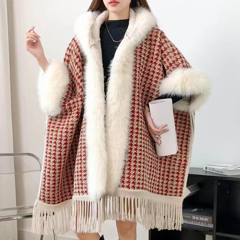 Cloak Shawl Wool Jacket Women'S Winter Hooded Medium Long Fleece Thickened Versatile Plaid Fringed Cloak Coat
