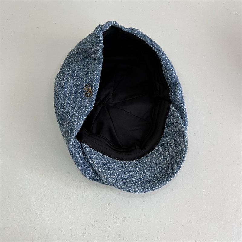 British retro denim plaid octagonal cap children's beret spring and autumn new fashion face newsboy hat