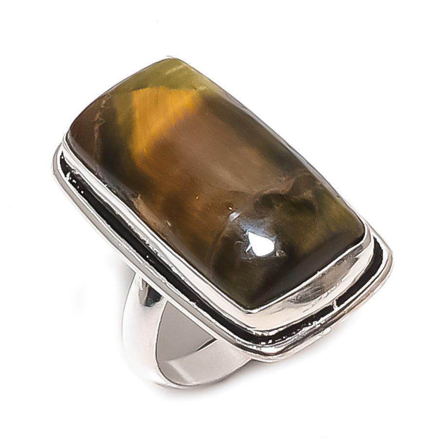Tiger Eye Gemstone Handmade 925 Sterling Silver Jewelry Ring Size 7.5 y7G56