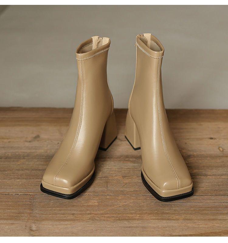 Women's Soft Leather Elastic Ankle Chunky Heel Boots - Autumn/Winter 2025, Square Toe, Plush, Platform Martin Style.