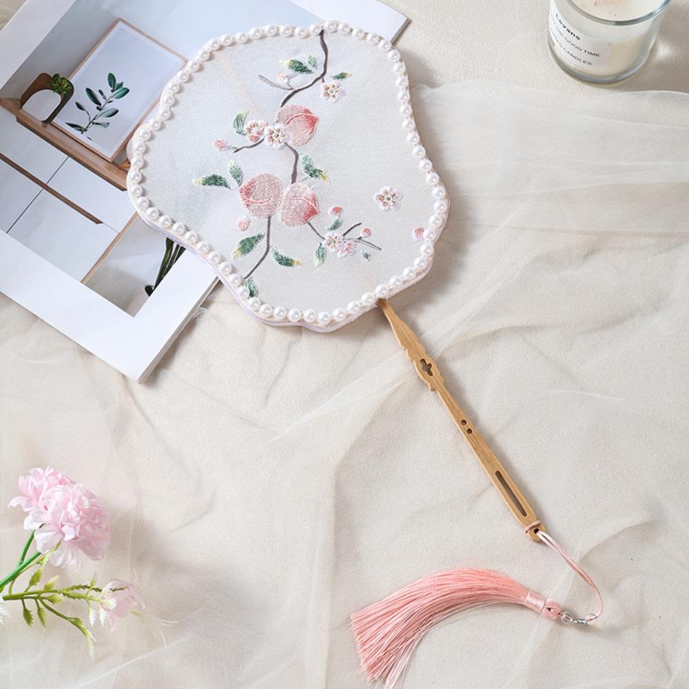 

Handmade Embroidery Qipao Circular Fan Pearl Tassel Dancing Fan Creative Flower Shape Fan Outdoor Style 1