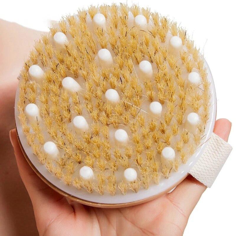 Badborste med svinborst Massage Ryggskrubb Handhållen Nylon Mjuk Hår Dusch Torrborste Trä Rund Badskrubb