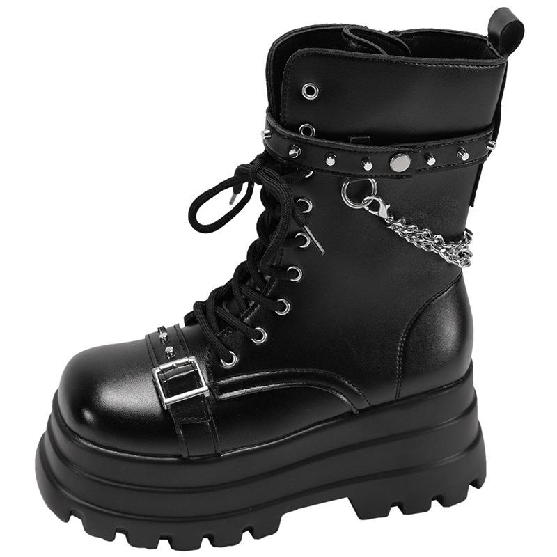 Gothic Style Height Increase Women Mid Calf Boots Fashion Belt Buckle Ladies Platform Mordern Booties
