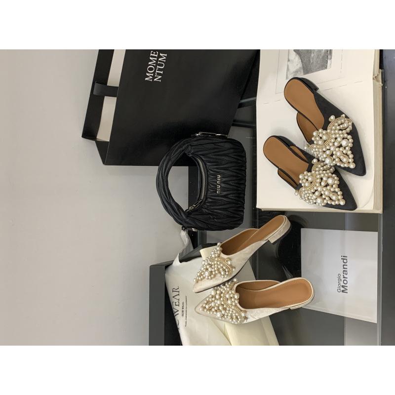 Fashion Pointed Toe Mules For Women 2025 Glitter Slides Shoes Female Slippers Low Jelly New Flat Cover PU Fabric Crystal Hoof Heels Rubb