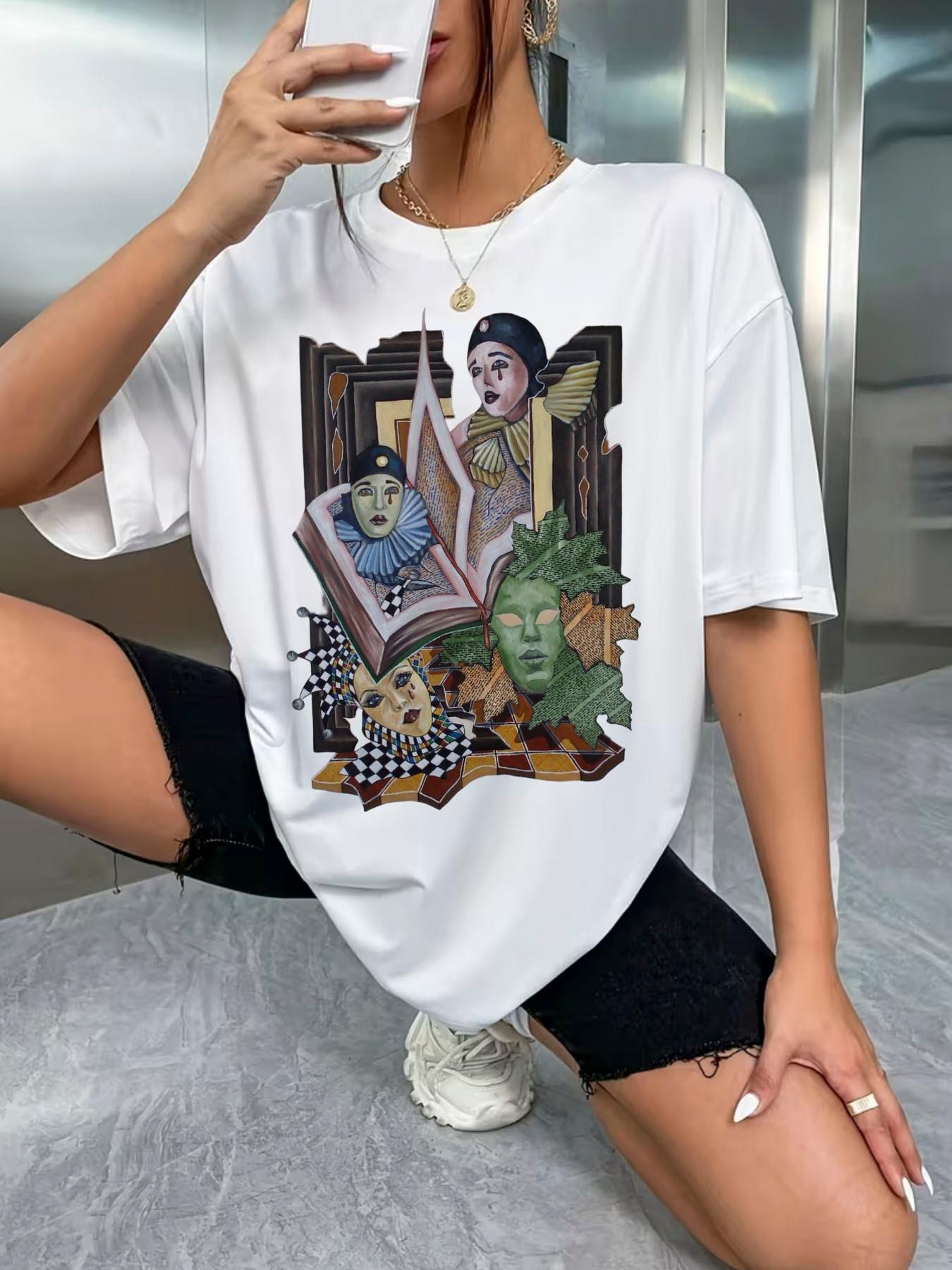 

European Size Surrealist Graphic Print Oversized White T-Shirt for Women - Eye-Catching Colorful Design Featuring Blue 4XL білий