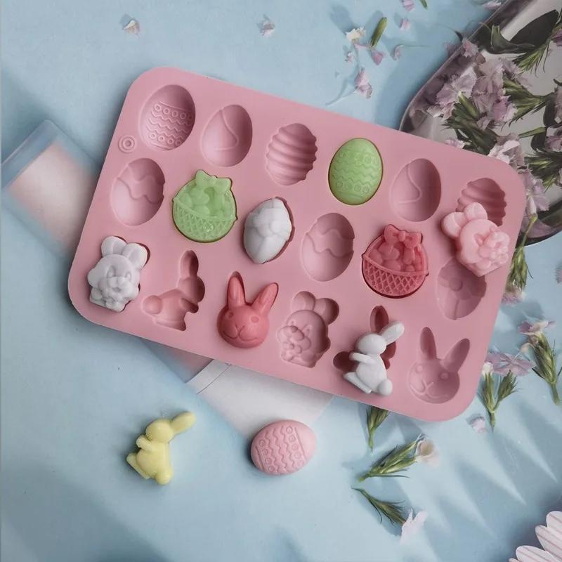 Easter Silicone Chocolate Moulds 18 Cavity Egg Bunny Rabbit Head Basket Shapes Mould for DIY Chocolate Candy Jelly Mooncake Mold