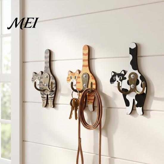 No Drill Wall Hook Cat Butt Wooden Hook, Double with Strong Adhesive Backing Corridor Organizer Durable Cat-Shaped Decorative for Keys Bags
