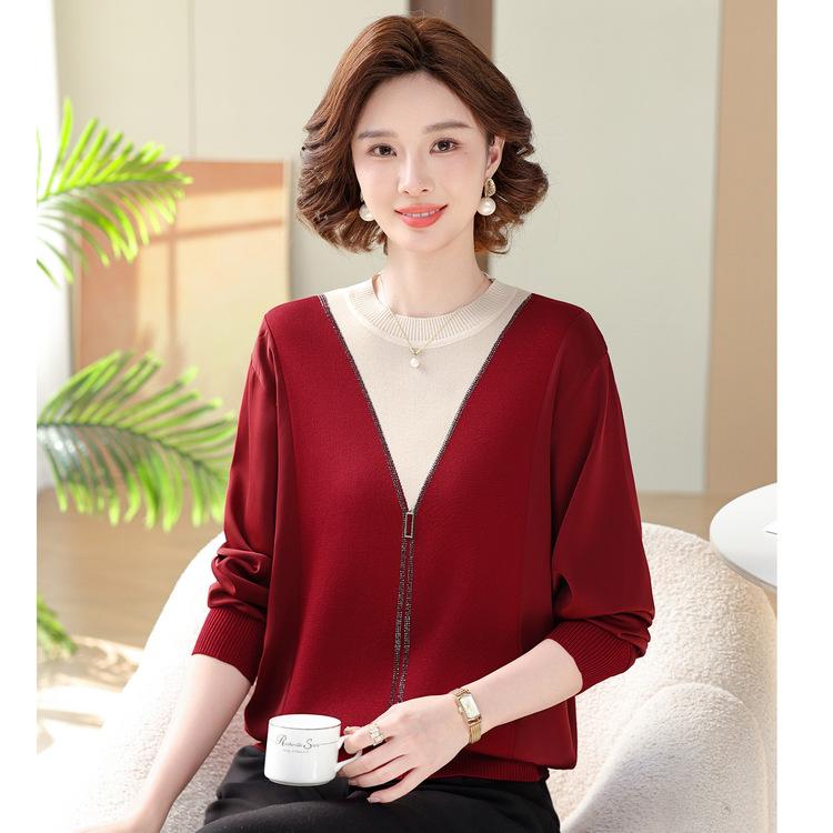 Spring New Mother Suit T Middle-aged and Elderly Women's Sweater Round Neck Thin Long-sleeved Sweater Loose Mother-in-law Top