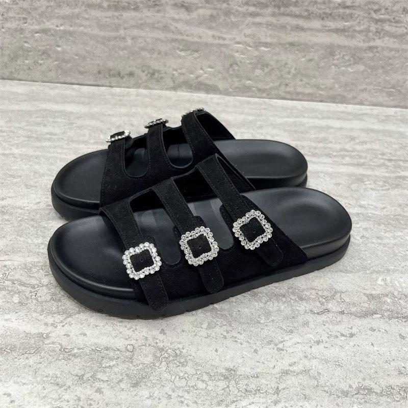 

Женская обувь из коровьей кожи, новая модная универсальная обувь-шлепанцы на одно слово, ремешок с пряжкой из стразов, пляжные крутые шлепанцы 39
