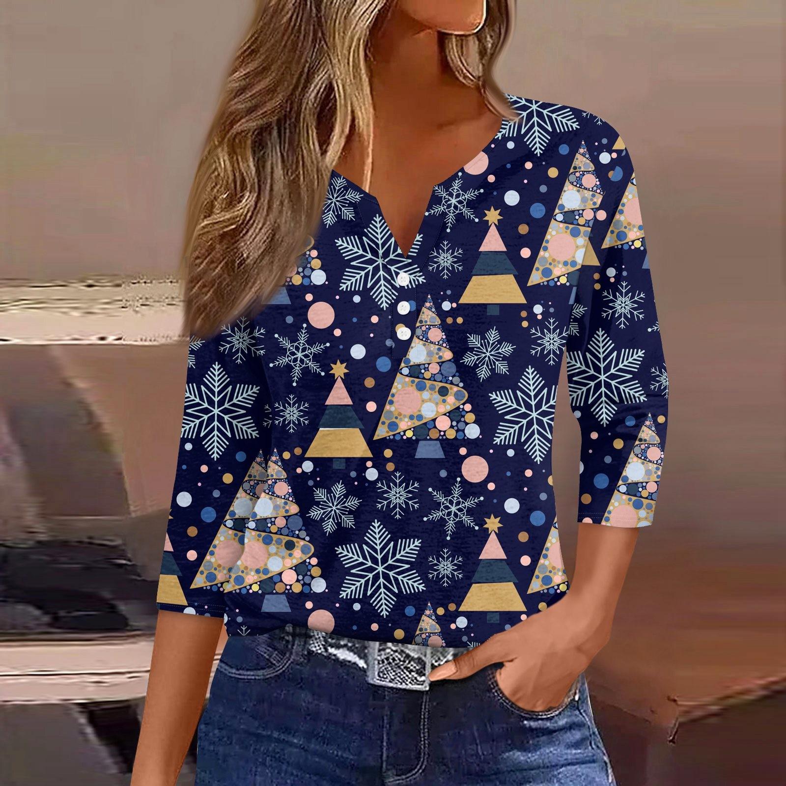 

Жен. Футболка Футболка С принтом Пуговицы Рукав 3/4 Повседневные Выходные Мода Классический Классический V-образный вырез Обычный Верх L