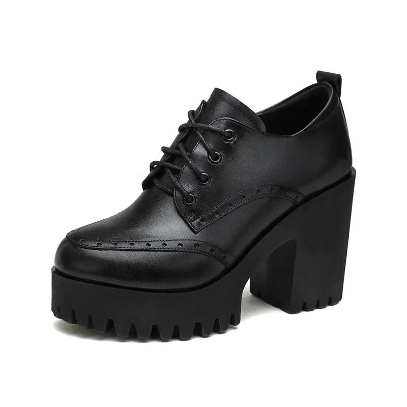 10cm Small Size 32-43 Brogues Vintage Deep Mouth Platform Pumps 2025 Fall Block High Heels Shoes Women Oxfords Office Model Mom