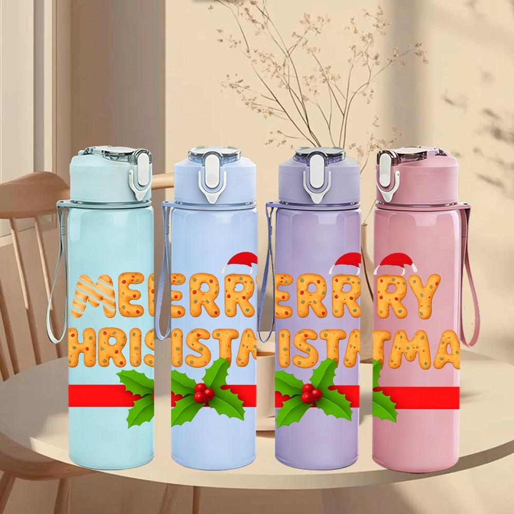 1PC Merry Christmas Banner Text Pattern 750ml Color Plastic Sports Water Bottle Leakproof Flip Straw Lid Suitable for Sports Office Home Use