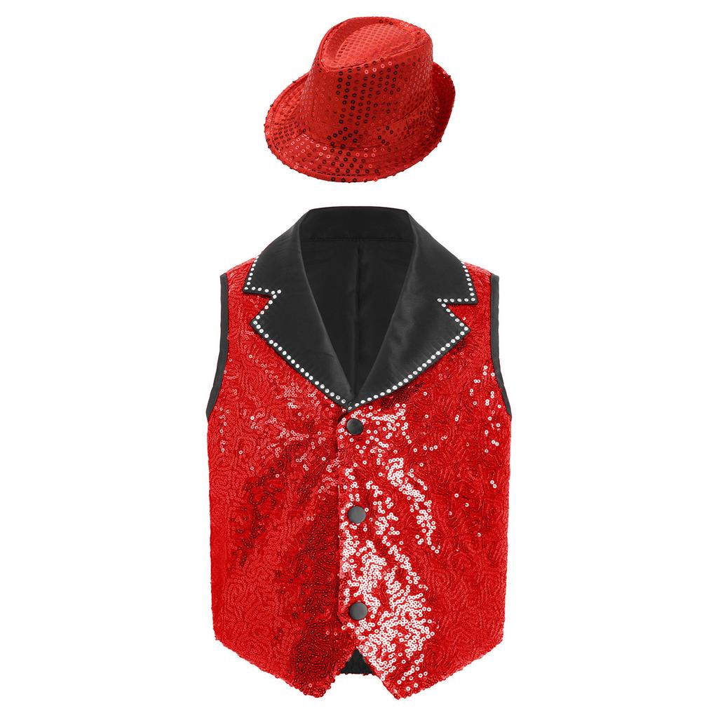 Boys Contrasting Lapel Collar Sleeveless Shiny Sequin Vest Sequined Hat Jazz Dance Performance Set