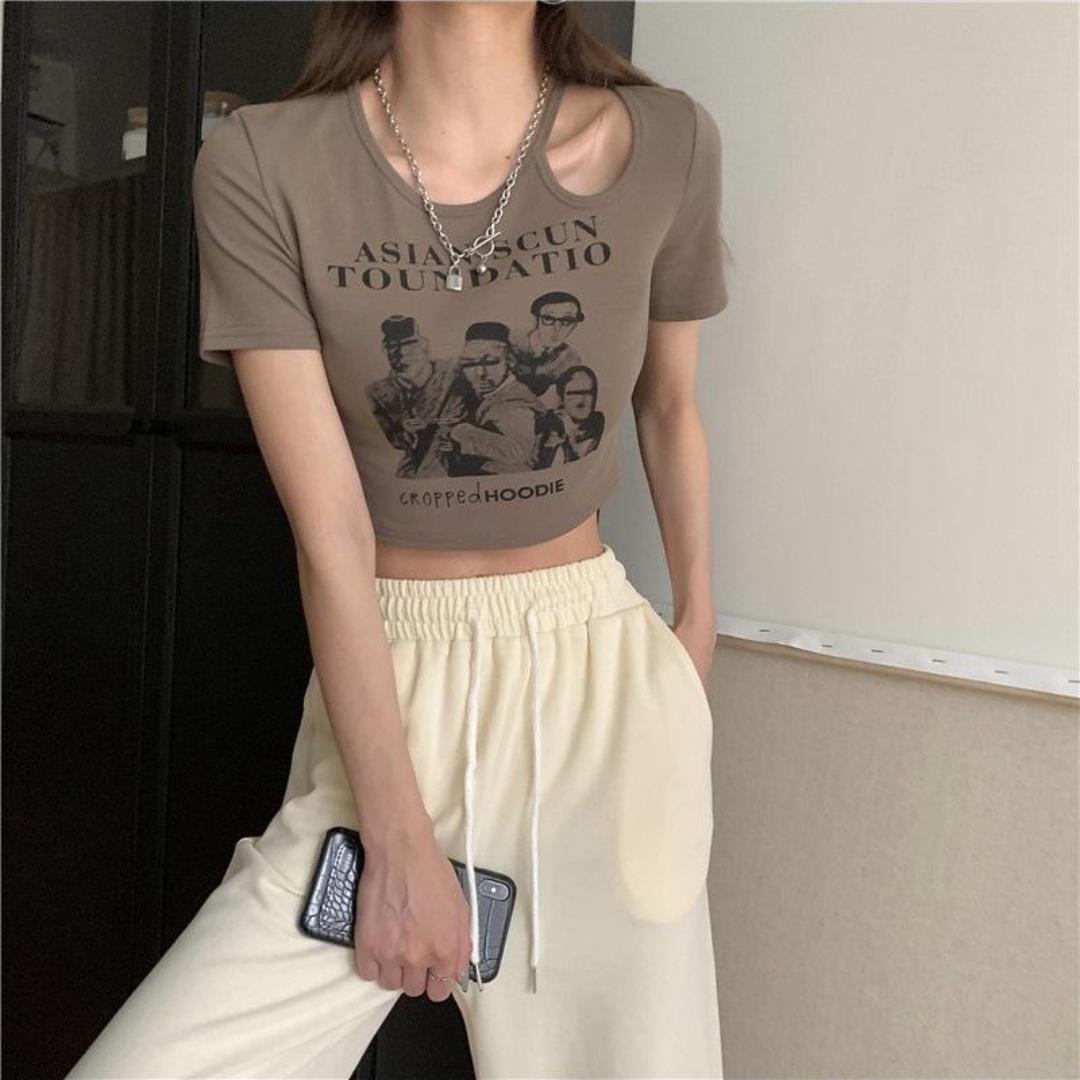 

Сексуальная футболка с принтом в стиле ретро, женская летняя футболка с коротким рукавом, ажурные майки, повседневный укороченный топ, женская футболка, укороченный жилетF S коричневый