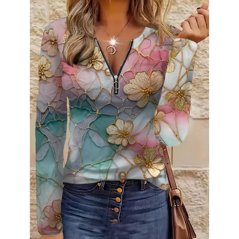 Elegant Casual Comfortable Style Colorful Painting Texture Elements Printed Pattern Code Women's Round Neck Zipper Long Sleeves