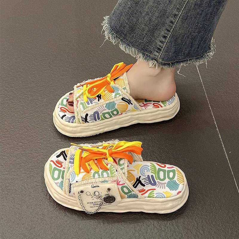 Cute Cartoon Slippers Women Wear Seaside Beach Shoes New Summer Canvas Half Drag Milk Fufu Shoes