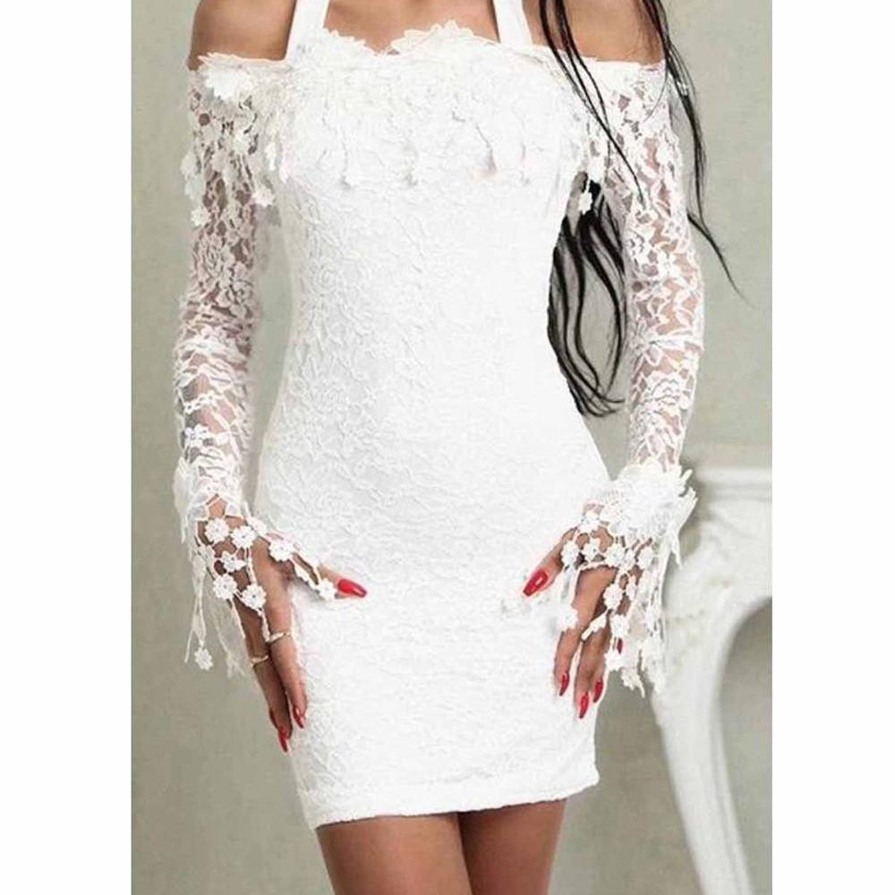 Women Sexy Lace Solid   Neck Off Shoulder Cocktail Party Elegant Dress