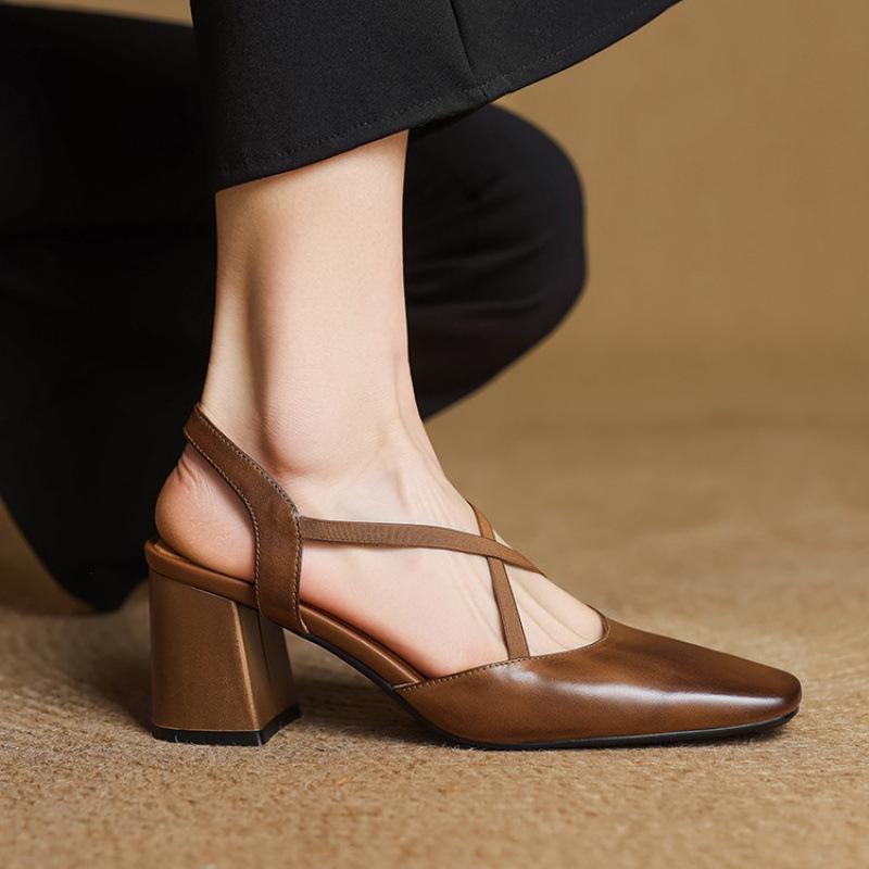 New Women's High-heeled Sandals Women's Comfortable Bag Head Rear Empty Sandals Summer Beef Tendon Large Size Square Head One Pedal Thick Heel