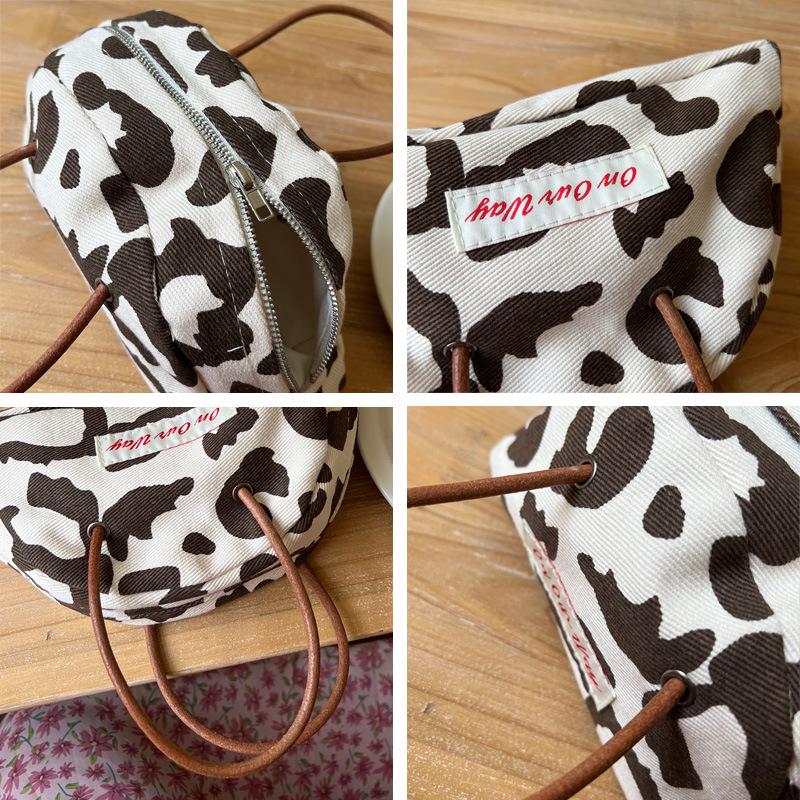Retro  Cute Niche Semi-round Leather Strap Handbag Zipper Storage Bag Student Denim Top-Handle Bags