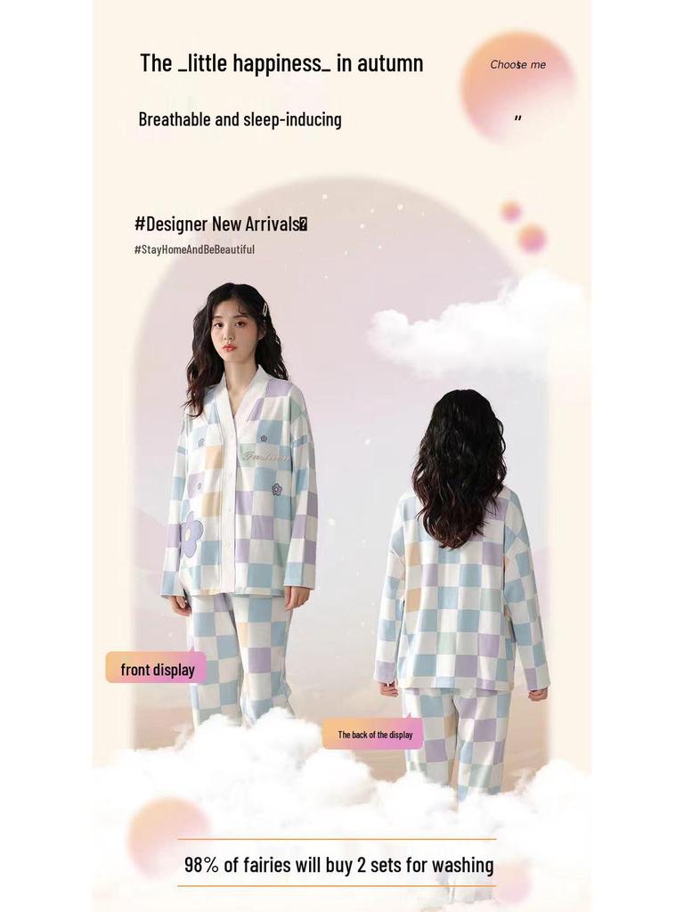 Autumn V-Neck Women's Pajamas Set: Cute Long-Sleeve, Plus-Size Homewear for Spring/Autumn.