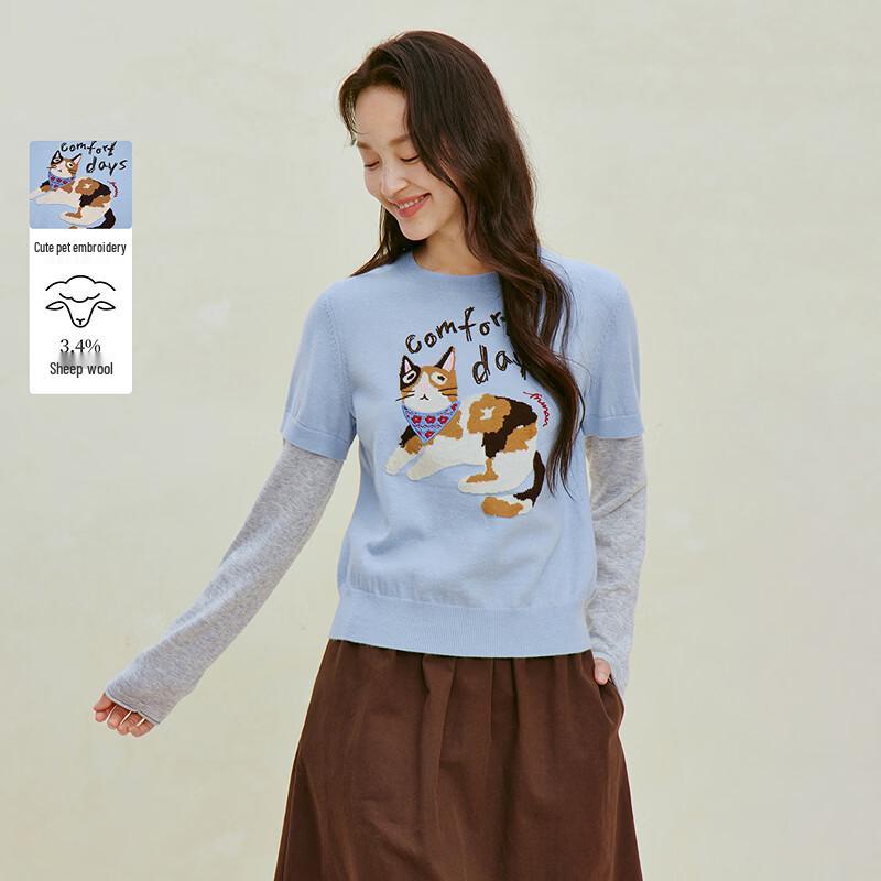 INMAN Women s Pet Embroidered Faux Two-Piece Knit Sweater L