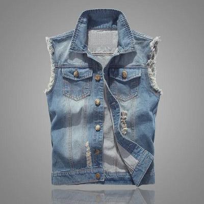 Erkek Kore Tarzı Slim Fit Açık Mavi Yırtık Kot Yelek