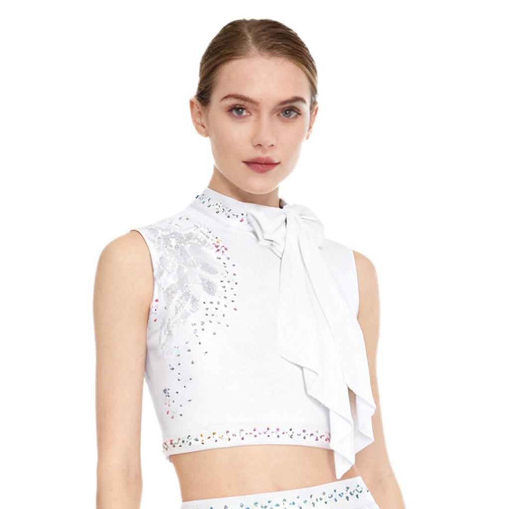 Womens Modern Dance Crop Top Sequin Embroidery Bow Decor Sleeveless Back Hollow Out Dancewear