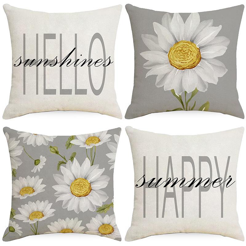 Spring and Summer Daisy Flowers Printed Linen Pillowcase Simple Gray Home Living Room Bedroom Decoration Pillowcase