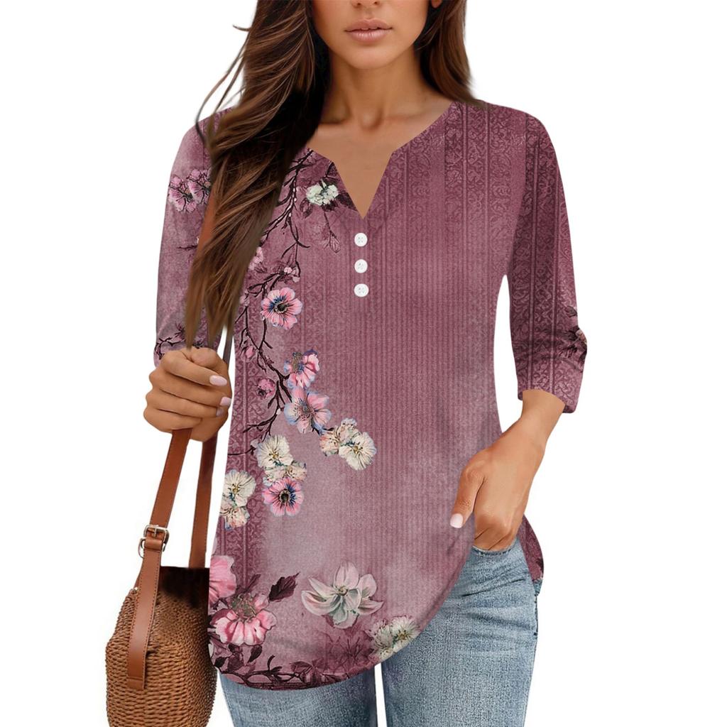 Damen V-Ausschnitt Freizeit Dreiviertelarm Knopf-Detail Top mit Blumenmuster