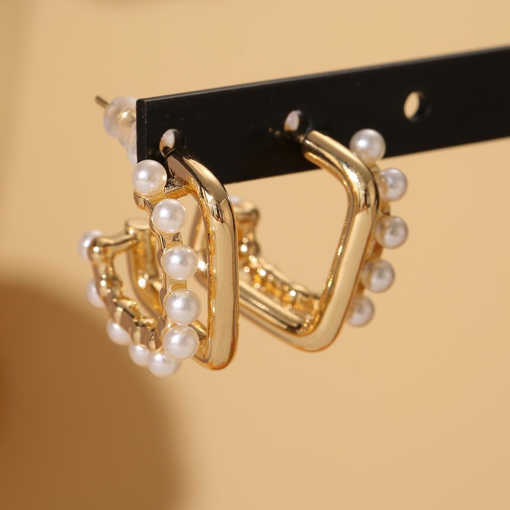 Golden Pearl Square Hoop Earrings for Women Elegant Stainless Steel Jewelry Gift