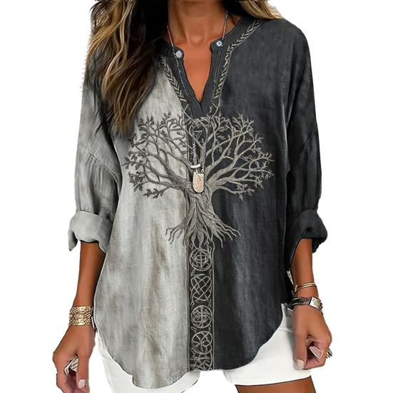 Damska Koszula Oversize z Dekoltem V Długi Rękaw Casualowa Wiosna Jesień Koszula z Wzorem Drukowanym 3D Oddychająca