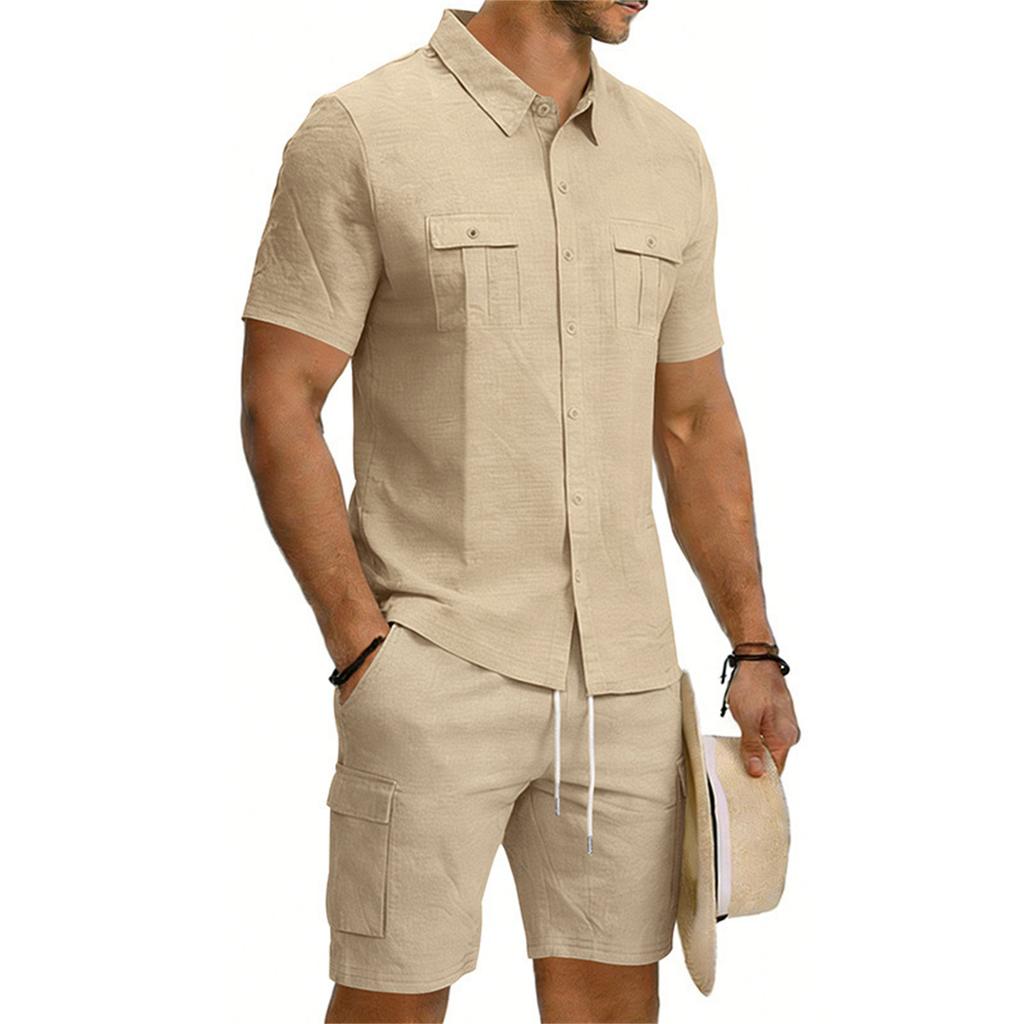 Men's Casual Short-sleeved Tooling Shirt Multi-pocket Shorts Set