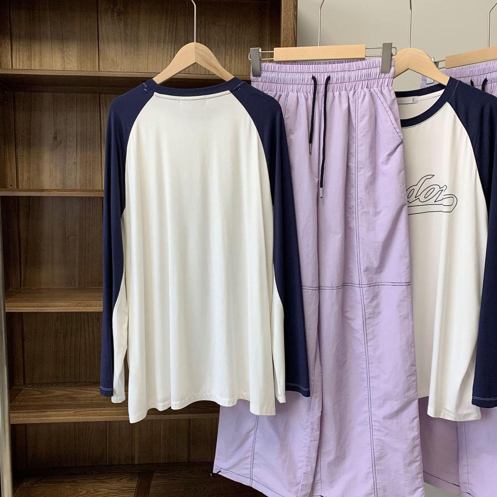Spring Korean Color Block T-Shirt & Casual Pants Set