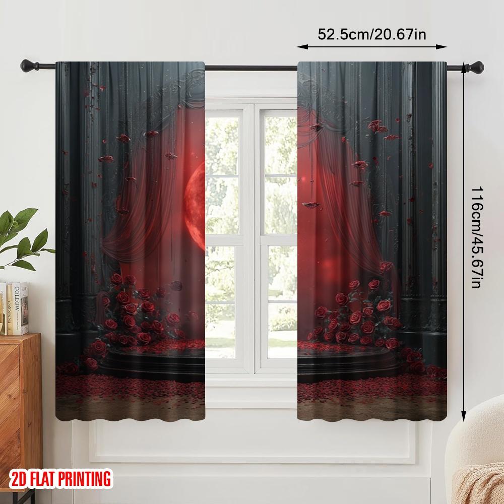 2pcs,2D Plane Printing Curtains&Window Treatment Gothic Style Crescent Black Rose Silver Ring Durable 100% Polyester Fabric