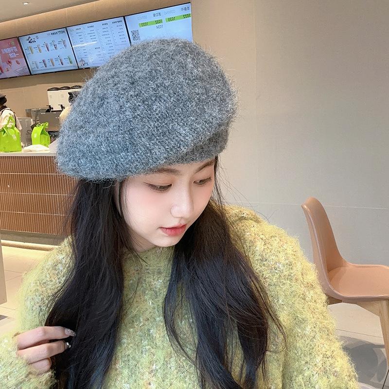 Mohair Knitted Beret Women's Autumn and Winter Literary Retro Plush Woolen Hat Showing Face Small Warm Wool Painter Hat