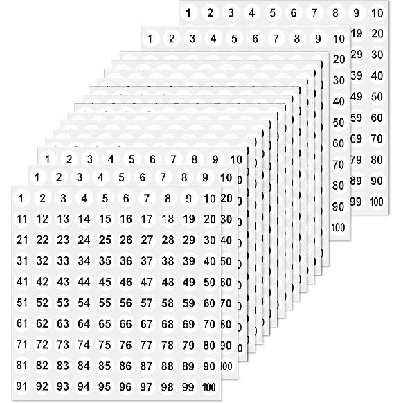 Consecutive Number Stickers - 1 to 100 Round Labels, Vinyl, Small (0.4inch), 50 Sheets - Inventory/Storage Organizing