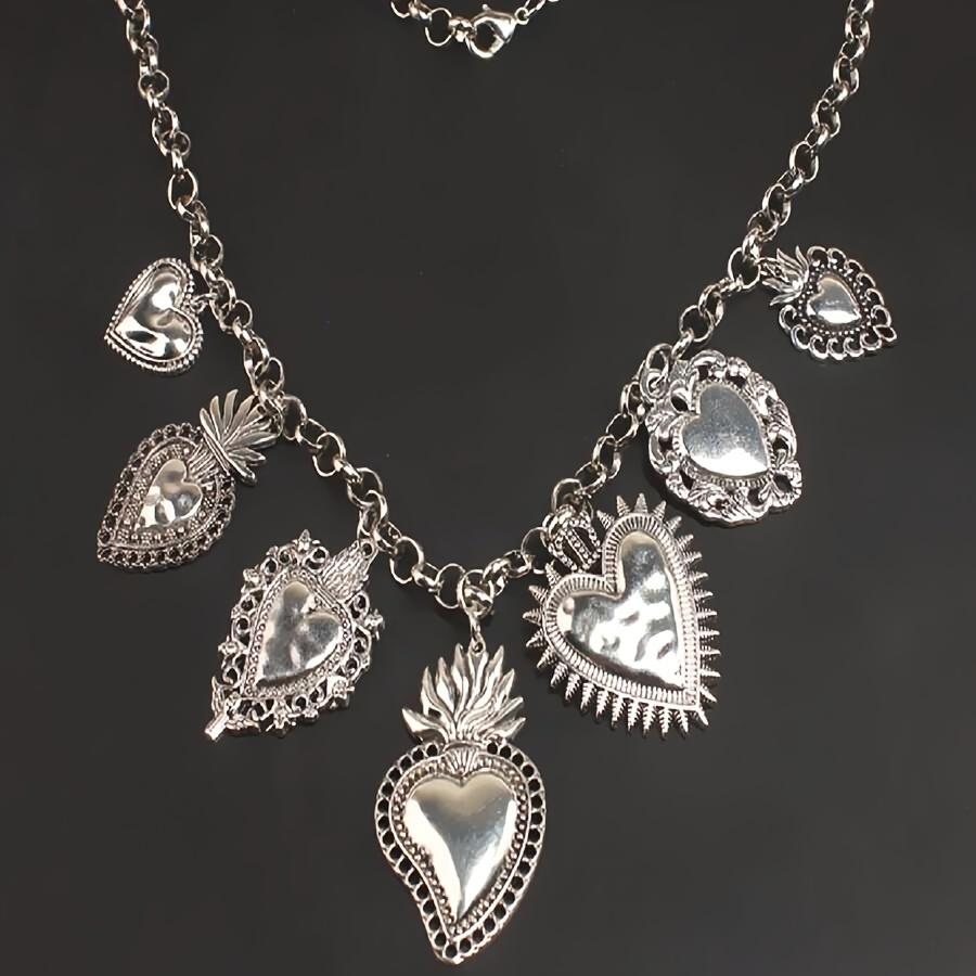 Vintage-Inspired Silvery Color Chain Necklace With Multiple Holy Heart Pendants Women's  Accessory For Parties Jewelry