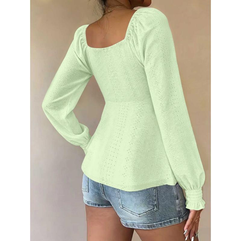 Women V Neck Drawstring Ruched Solid Color Loose Long Sleeve Casual T Shirt