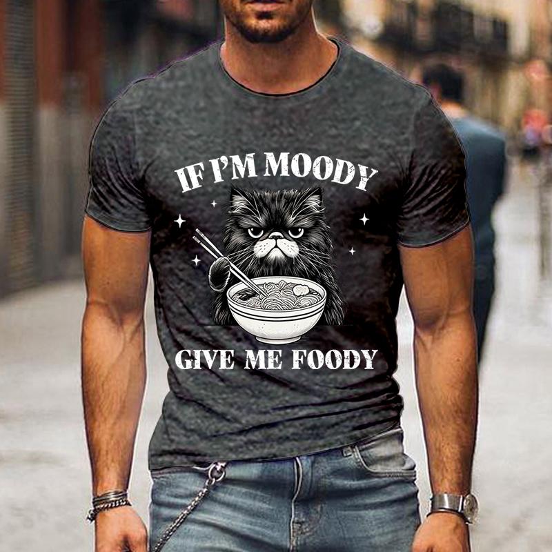 Ramen Schwarze Katze Grafik T-Shirts Wenn ich launisch bin, gib mir Futtery Lustige Herren T-Shirts Kurzarm Kleidung Hip Hop Streetwear