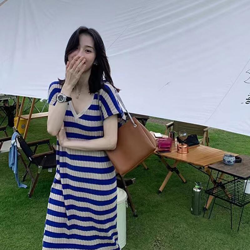 

JK&JS Women s Summer Striped Knit V-Neck Short Sleeve Maxi Dress L